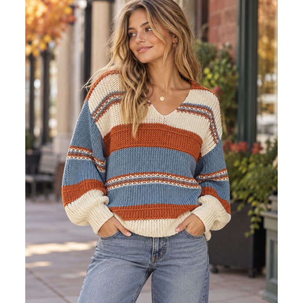 Altar'd State Striped Chunky Knit Sweater Burnt Orange Slate Blue Cream Size XS